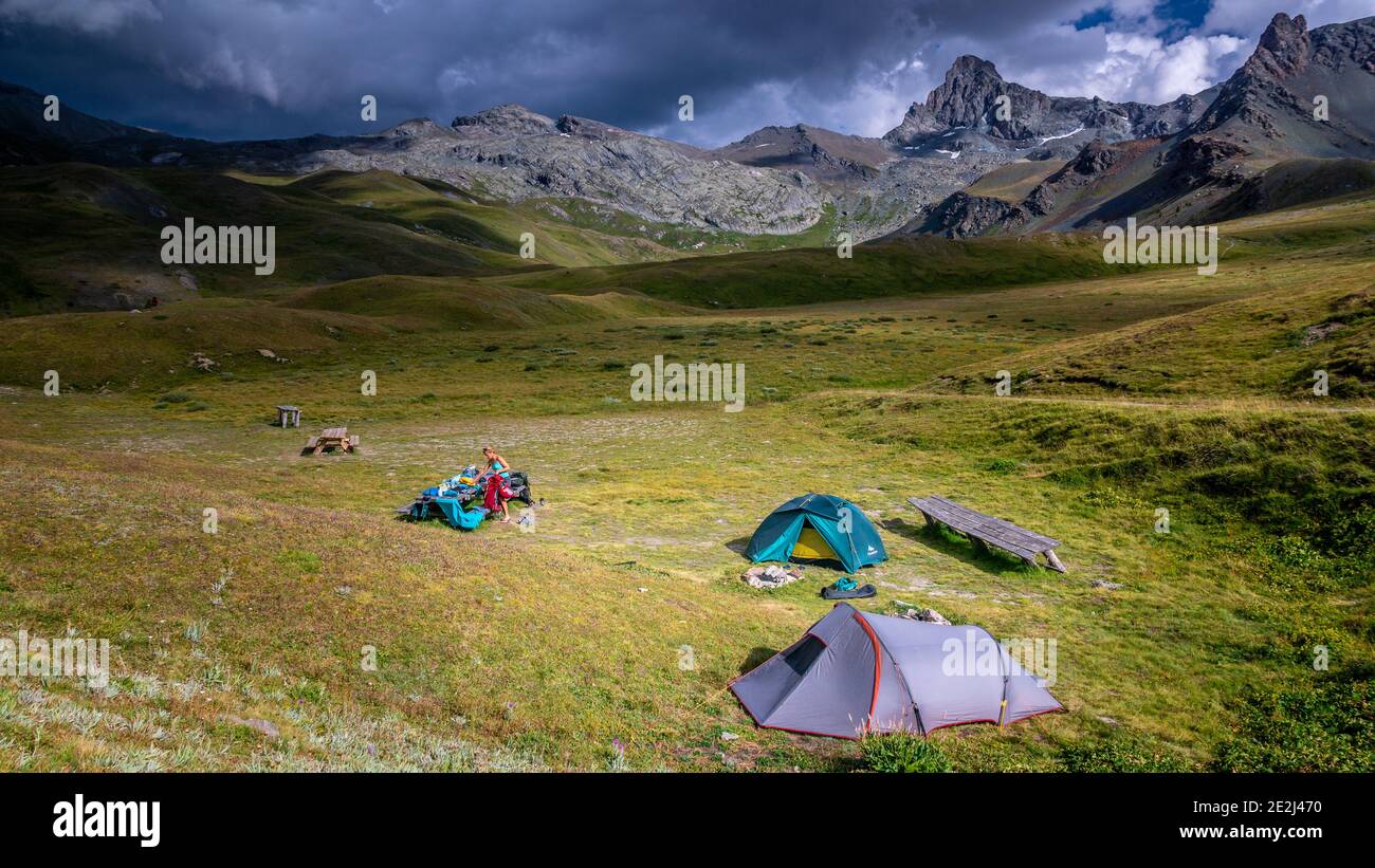 Chapelle du Claussis, Biwak, Tour du Queyras, Queyras, Französische Alpen, Frankreich Stockfoto