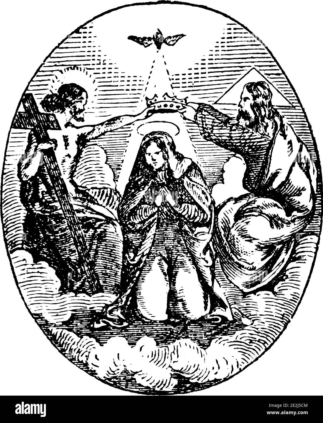 Gott, Jesus Christus und der Heilige Geist krönen Jungfrau Maria als Königin im Himmel.Antike historische biblische religiöse Gravur oder Zeichnung. Stock Vektor