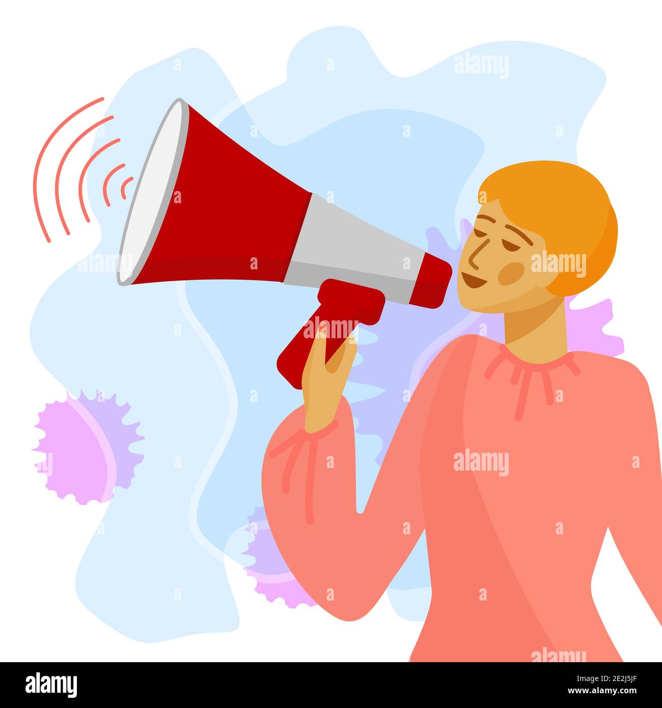 Megaphon. Frau mit Lautsprecher oder Bullhorn. Vektorgrafik im flachen Stil. Stock Vektor