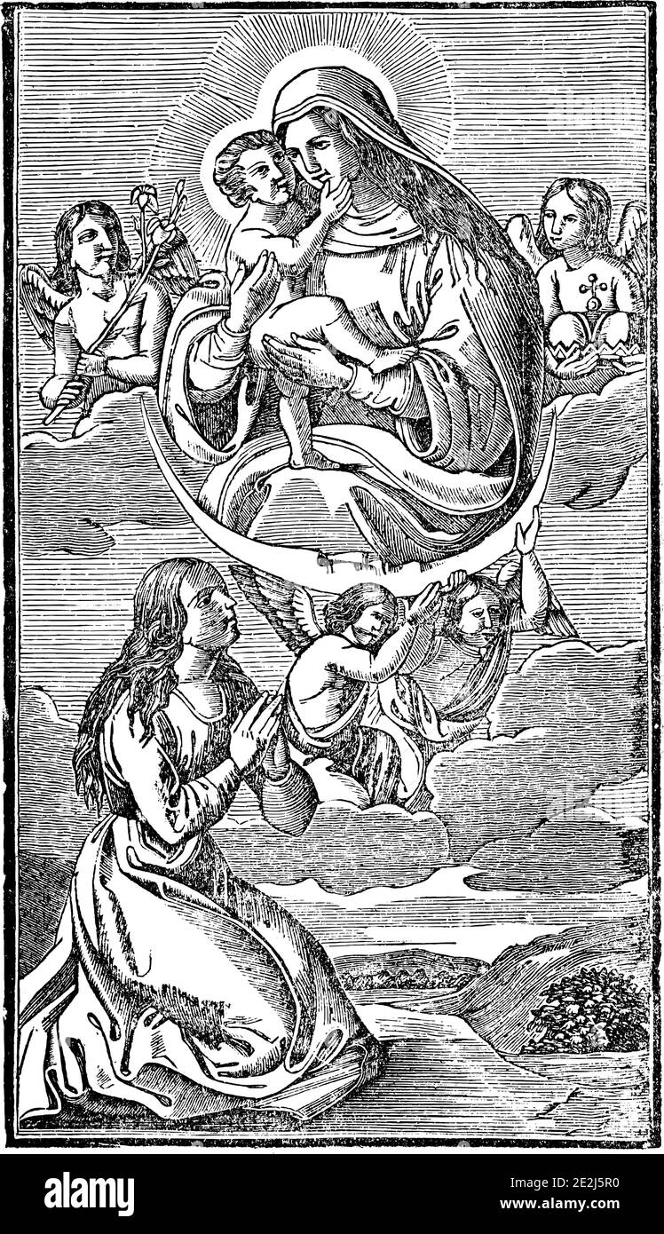 Jungfrau Maria hält Baby Jesus Christus und schwimmend auf dem Mond von Engeln oder Cherubs getragen.Antike Vintage biblischen religiösen Gravur oder Zeichnung. Stock Vektor