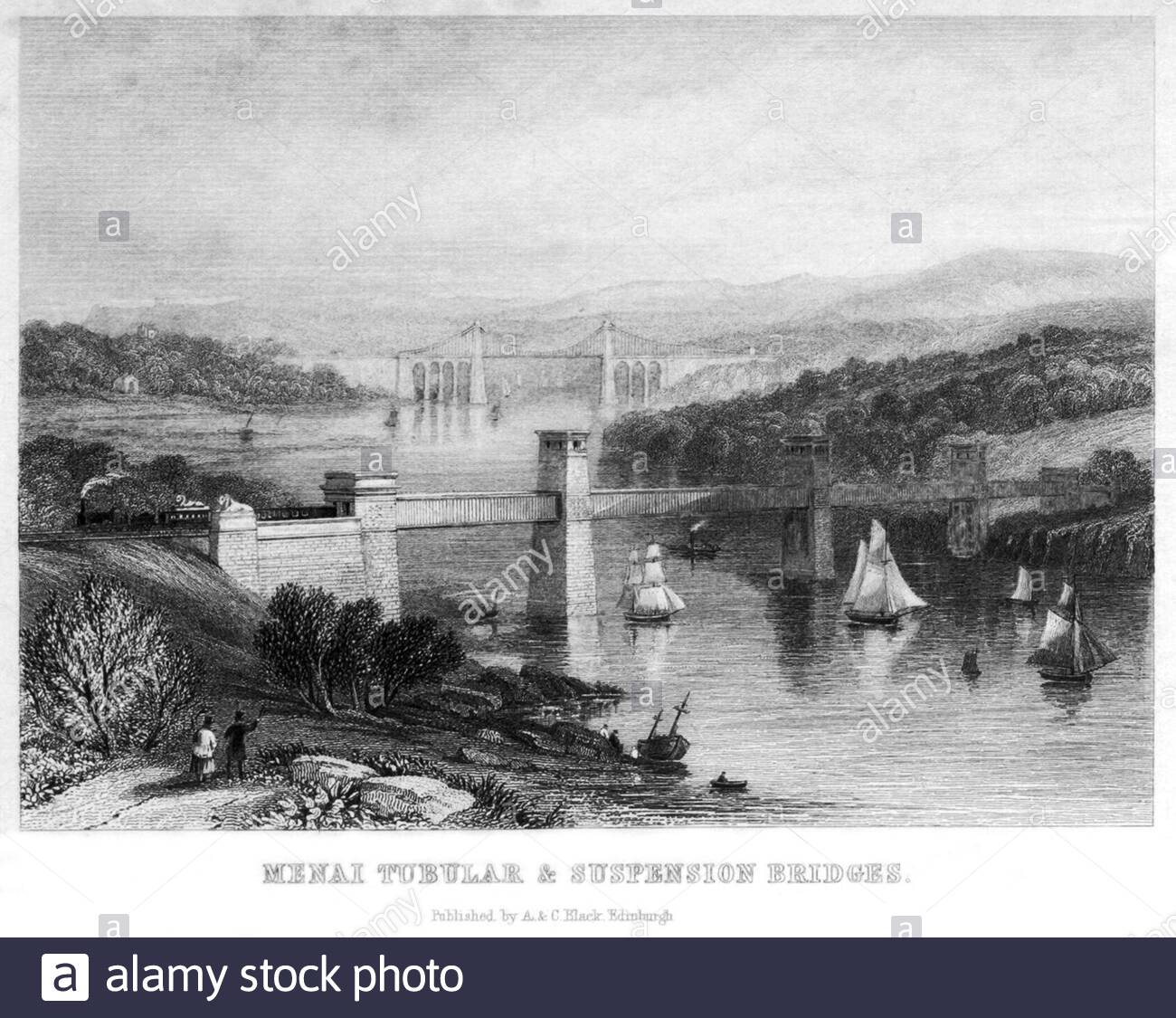 Menai Tubular Bridge (Britannia Bridge) und Menai Suspension Bridge, Vintage Illustration von 1886 Stockfoto