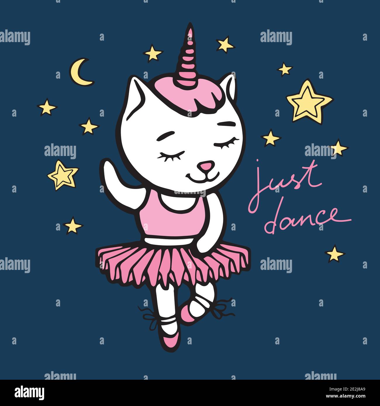 Niedliche weiße tanzende Katze Einhorn mit Horn auf dunkelblauem Hintergrund mit Herzen und Sternen. Handgezeichnete Vektor-Illustration für T-Shirt-Druck und Stock Vektor