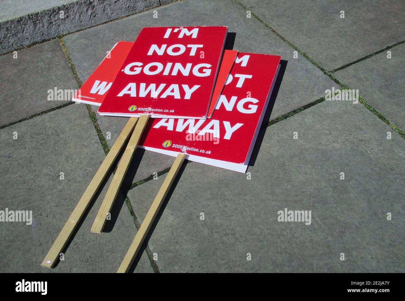 Anti-Brexit-Protestschilder vor dem Parlamentsgebäude "Ich gehe nicht weg" Westminster, London, Großbritannien. Stockfoto