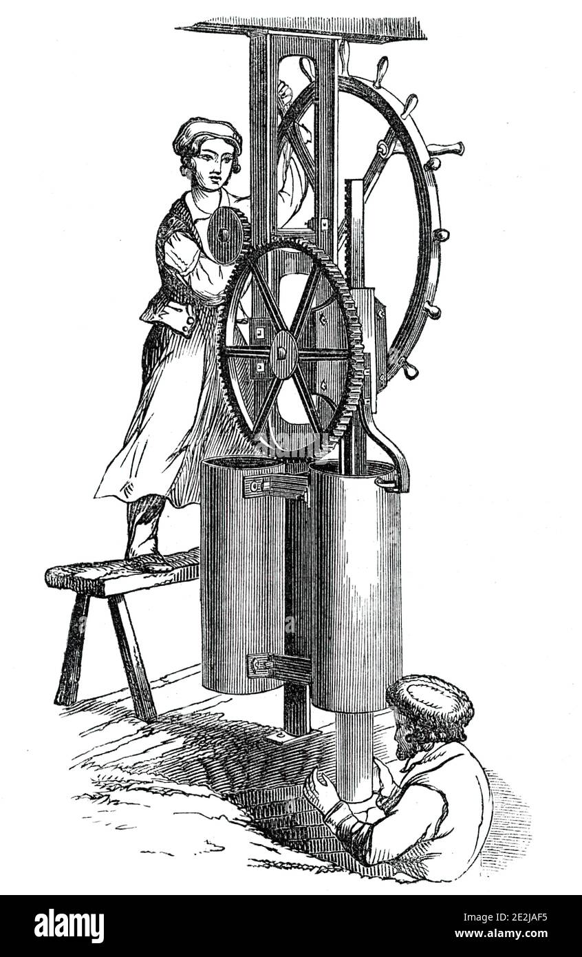 Fliesenmaschine für Rohre, 1844. Ausstellung auf dem Southampton Treffen der Royal Agricultural Society of England: "...eine kompakte und einfache Erfindung für die Herstellung von Rohr-oder D-Fliesen. Es besteht aus einem Paar Gusseisen-Zylinder, drehbar auf einer Säule, die die Maschine unterstützt, und ist selbst an Ober- und Unterseite gesichert. Ein Kolben wird durch ein Zahnstange und Ritzel gearbeitet, in einem (während das andere gefüllt wird), das den Ton durch Matrizen (aus Messing, und von denen es mehrere Größen) an der Unterseite drückt.Preis, mit sechs Sätzen von Messingdüsen... und 4 Zoll Rohr, Und eine für die Herstellung von gemeinsamen D-Fliesen, &#x Stockfoto