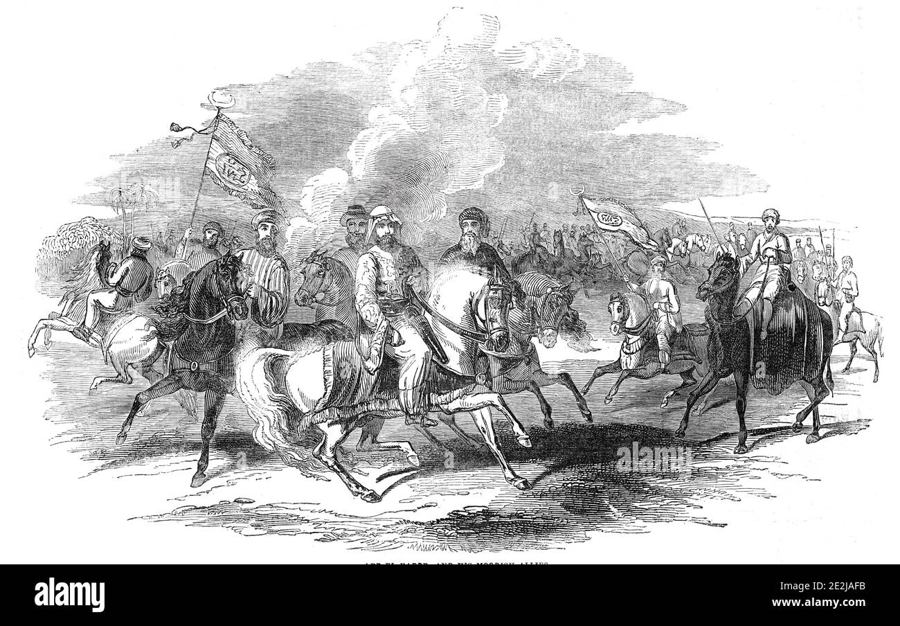 Abd-el-Kader und seine maurischen Verbündeten, 1844. Nordafrikanische Truppen während des französisch-marokkanischen Krieges: "..."der Löwe der Wüste", umgeben von seinem Stab und maurischen Offizieren: Unter den Zubehörteilen wird der Pfeifenträger, der anwesende tatar, der Bannerträger, &amp;c., leicht erkannt werden". Aus "Illustrated London News", 1844, Vol Stockfoto