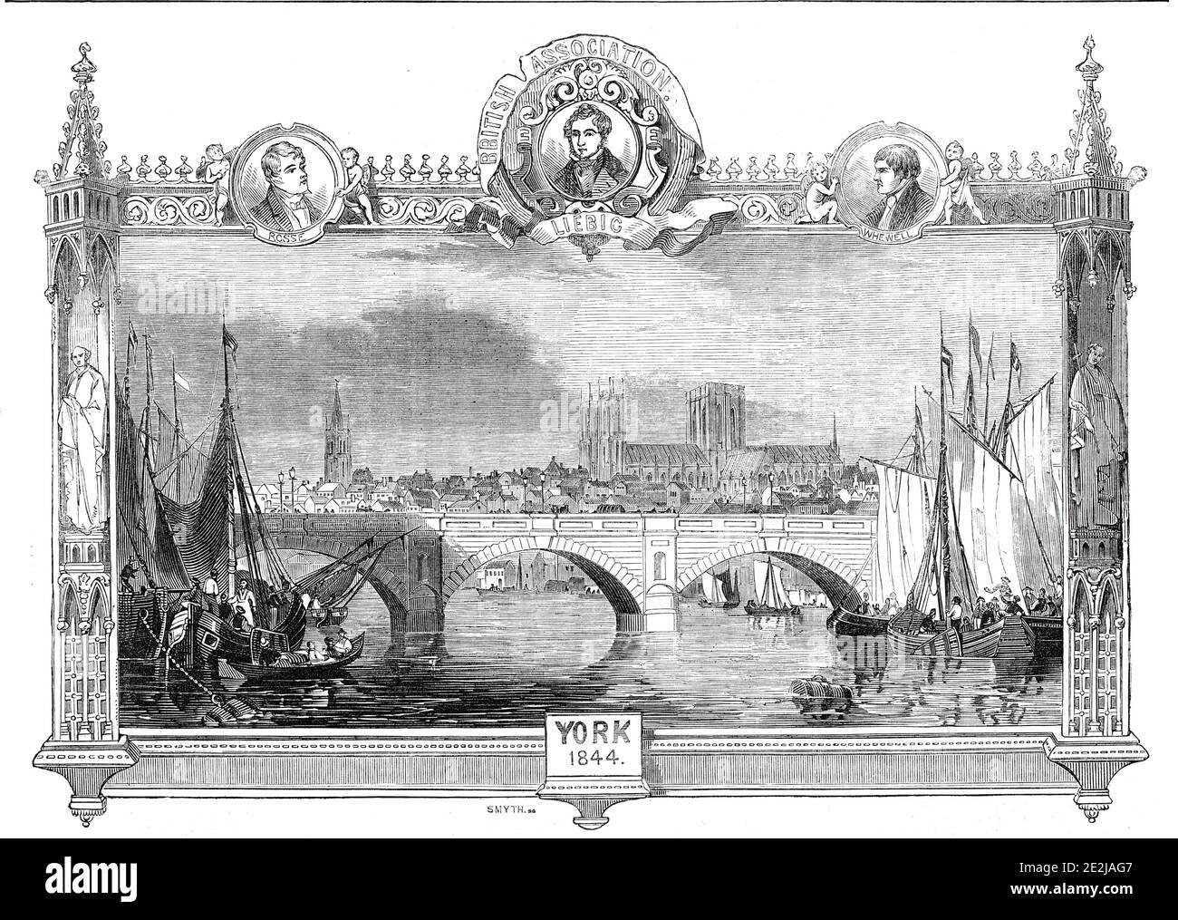 The Ouse Bridge, York, 1844. Die Sitzungen der British Association for the Advancement of Science wurden in York statt, und '... haben durch die Woche mit zunehmendem Interesse und Popularität fortgesetzt. "Dreizehn Jahre seit", sagte der Earl of Rosse, bei der Eröffnung der Hauptversammlung, "die Gesellschaft, bei ihrer ersten Sitzung in York, war nur ein Säugling Versammlung, Aber sie war nun an ihren Heimatort zurückgekehrt, voller Gesundheit und Kraft, nachdem sie große Werke in der intellektuellen und moralischen Verbesserung der Menschheit erzielt und noch höhere Perspektiven im Blick hatte". Aus "Illustrated London Ne Stockfoto