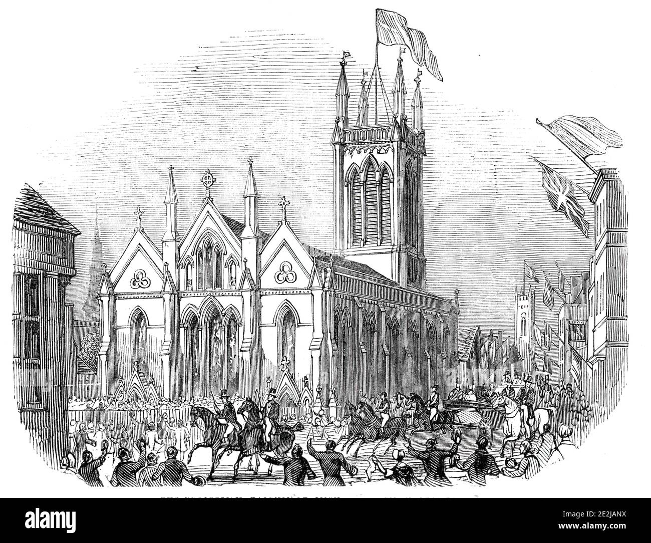 Die Prozession, vorbei an St. Michael's Church, Stamford, 1844. '...die Prozession vorbei an der schönen Kirche St. Michael in Stamford, verändert und modernisiert, von Mr. John Brown, Architekt, Norwich'. Queen Victoria und Prince Albert werden während ihres Aufenthalts bei der Marquess of Exeter im nahe gelegenen Burghley House in Lincolnshire von Menschenmassen begrüßt.&#xa0;aus "Illustrated London News", 1844, Vol Stockfoto