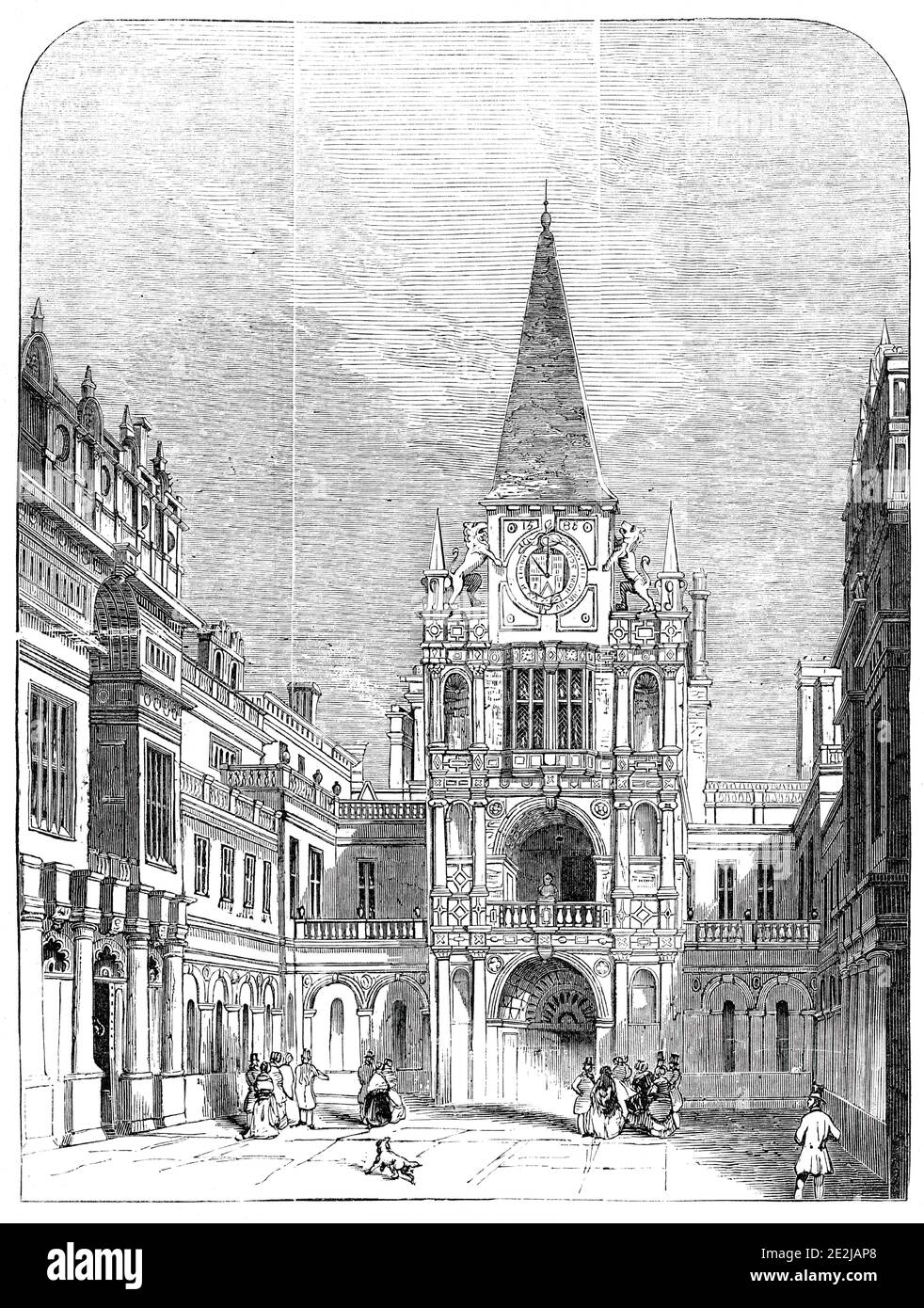 The Inner Court, Burghley, 1844. Innenhof und Uhrenturm im Burghley House, in der Nähe von Stamford, Lincolnshire. Das Haus wurde im 16. Jahrhundert für William Cecil, Lord Burghley, Lord High Treasurer von Queen Elizabeth I. aus "Illustrated London News", 1844, Vol Stockfoto