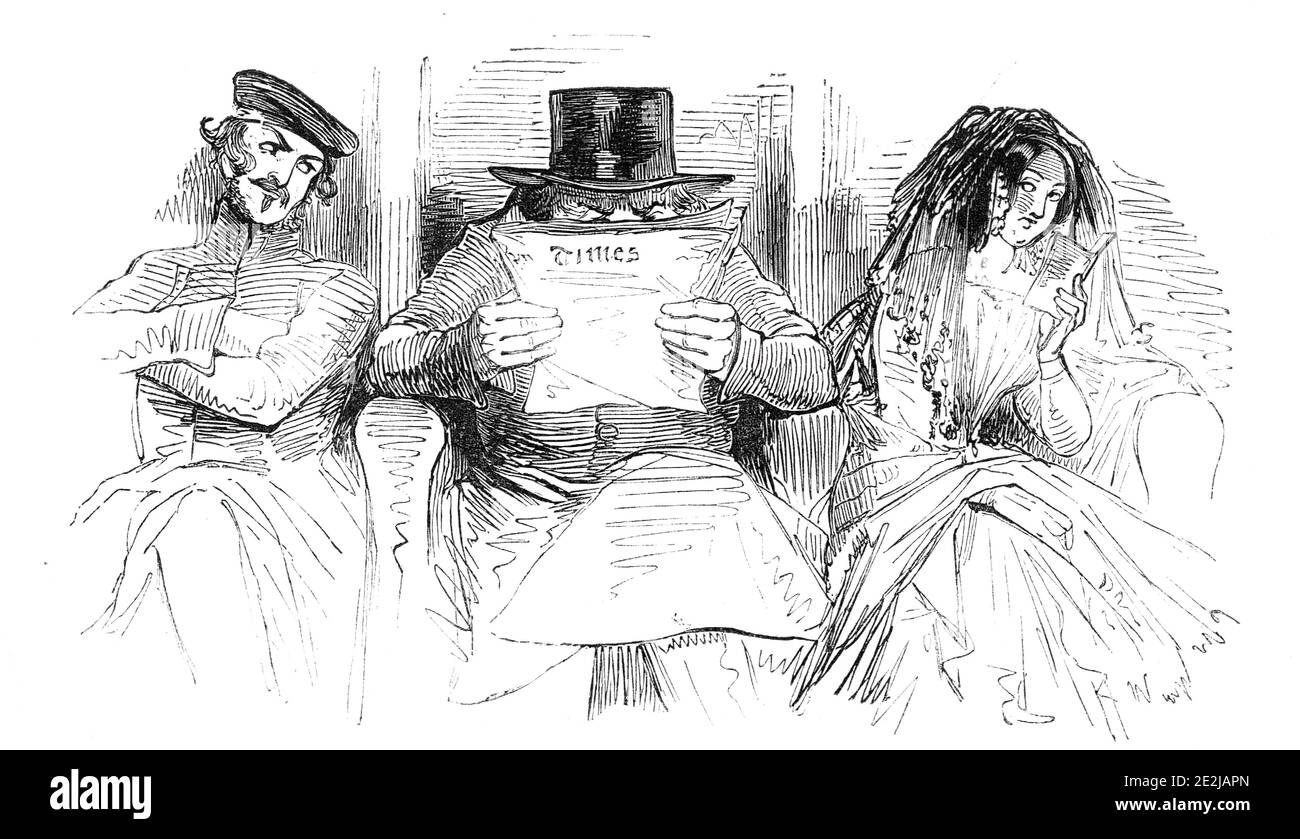 First Class Passagiere, 1844. Reisende in einem Eisenbahnwaggon. "Obwohl bequem genug, gibt es wenig Geselligkeit in einem erstklassigen Wagen auf einer Eisenbahn; jeder scheint die Vorstellung zu haben, dass er der einzige ist, der wirklich berechtigt ist, durch Bezahlung und Position, auf einen Sitz darin, und so hat Angst, seine würde durch Sprechen zu gefährden. Es gibt also keine Unterhaltung: Die Köpfe der vier EckbewohnerInnen schauen meist aus den Fenstern, die MittelbewohnerInnen schauen sich gegenseitig an. Durch die gleiche Regel jedoch, dass man selten eine hübsche Frau in einem Omnibus sieht, so dass man kaum Stockfoto