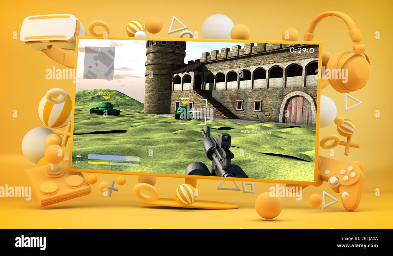 Bildschirm mit Videospiel und Zubehör 3d-Rendering Stockfoto