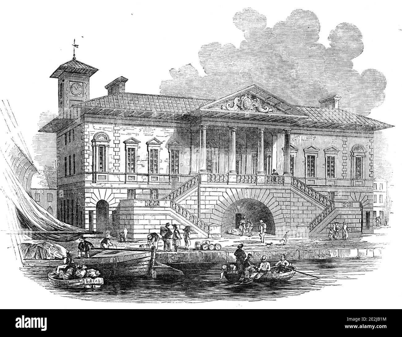 Das neue Custom House, Ipswich, 1845. Städtisches Gebäude in Suffolk: '...das Hauptmerkmal des Gebäudes besteht aus einem zentralen Portikus, der von einer doppelten Treppe auf beiden Seiten angefahren wird und auf einem halbkreisförmigen Bogen steht, von einem eigentümlich kühnen und imposanten Aussehen, dessen Einführung eine auffallende Neuheit im Design bildet. Die Waffen der Corporation von Ipswich erscheinen in der Giebel des Portikus, dessen Ausführung sehr überlegen ist. Das zentrale Fach, unter dem Portikus, ist die Halle des Handels...der Stil kann eine Anpassung des Italieners, des overha genannt werden Stockfoto