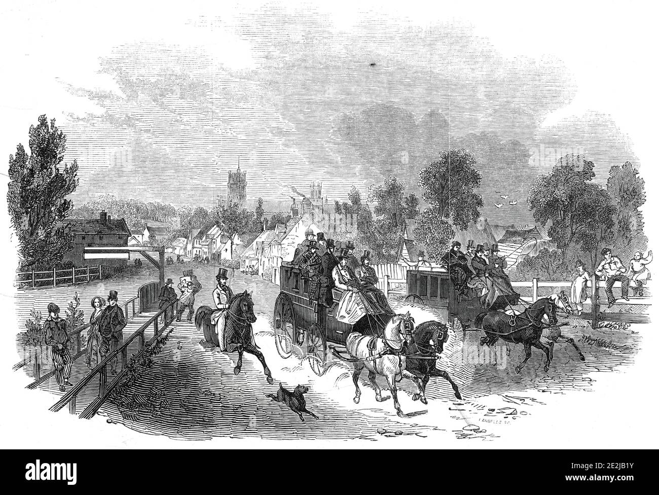 Ely, vom Bahnhof, 1845. Reisebusse in der Stadt Cambridgeshire Ely. Aus "Illustrated London News", 1845, Vol VII. Stockfoto