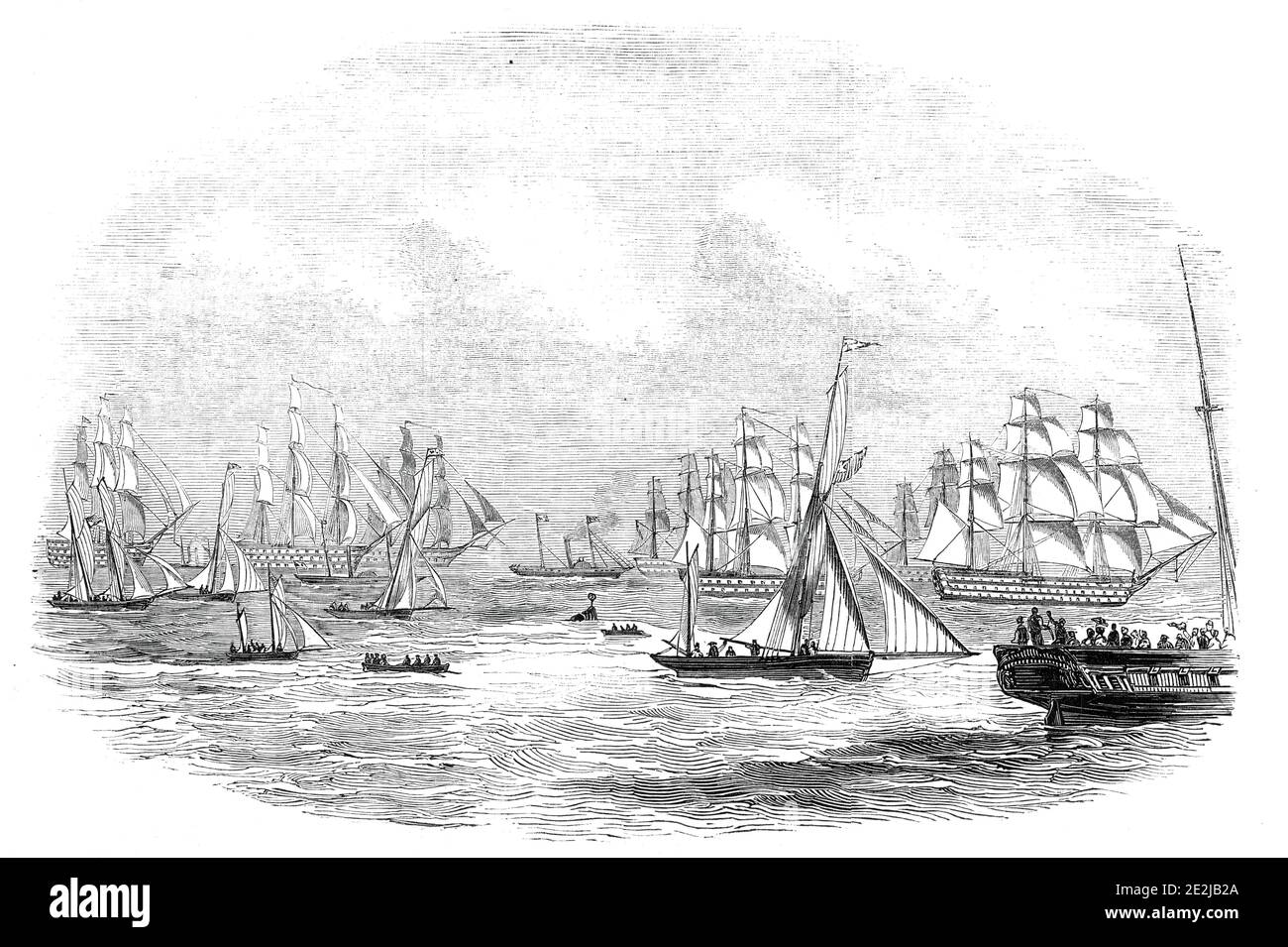 Her Majesty's Experimental Squadron, 1845. Kriegsschiff der Royal Navy bei Spithead. 'Die ganze Geschwader, die insgesamt 781 Geschütze und fast 7000 Mann vorstellt, wird fünf Monate lang gelagert und versorgt und kann, mit Ausnahme der Offiziere und der Besatzung, als vollständig betrachtet werden; Die Kreuzfahrt wird jedoch dem Ganzen zugute kommen und sie für den tatsächlichen Dienst tauglich machen, sollte die Nation sie jemals benötigen." Aus "Illustrated London News", 1845, Vol VII. Stockfoto