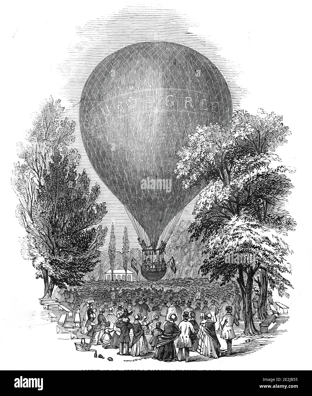 Besteigung des Mr Green Ballons, 1845. "Am Montagabend machte Mr. [Charles] Green eine sehr schöne Besteigung in seinem Monster Nassau Balloon, vom Gelände des Cremorne House, Chelsea [in London], die mit Gesellschaft überfüllt waren, um das Spektakel zu sehen. Es gab anlässlich dieser Besteigung etwas Neues, um die Zuschauer anzuziehen und zu amüsieren. Neben Mr. Green... gab es unter den "unerschrockenen Aeronauten" den gefeierten Mr. Thomas Matthews, den Clown des Drury Lane Theaters, der unmittelbar vor dem Aufstieg seine Gefährten im Auto favorisierte, und die Tausenden von Personen wh Stockfoto