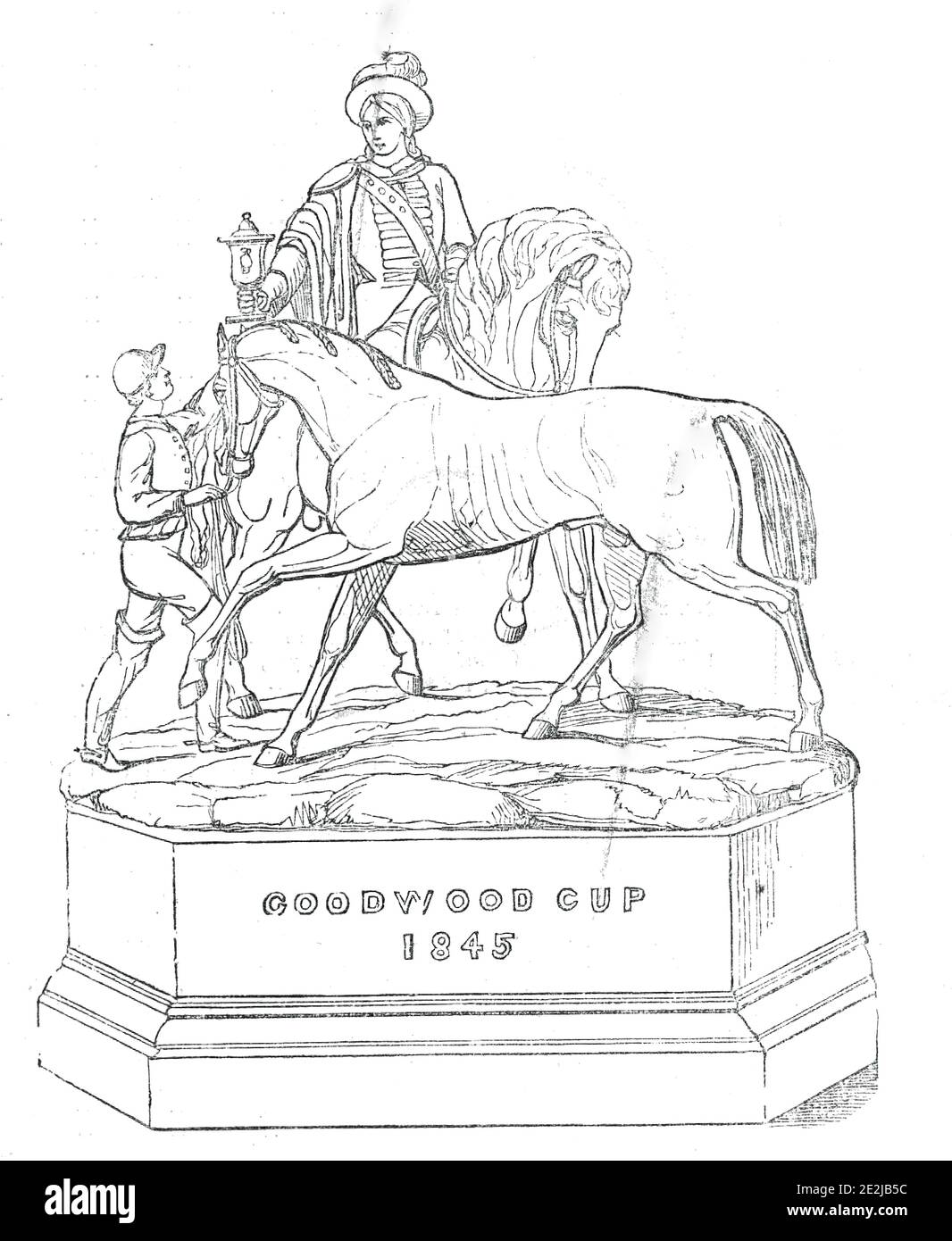 Der Goodwood Cup, 1845. Renntrophäe bei Goodwood in Sussex verliehen: "...ein sehr charakteristischer Preis für eine Rennstrecke; illustriert, wie es tut, ein Ereignis von großem Interesse in den Annalen des Rennsports, dh., die Präsentation von Charles die zweite des ersten Gold Cup jemals laufen oder bei Newmarket. Charles, daran wird erinnert werden, war der erste, der die jetzt obsolete Gewohnheit - Paisley ausgenommen - des Laufens für ein Paar Glocken abschaffte. Der König ist auf dem Pferderücken und gibt den Pokal an den glücklichen Jockey. Dieses Kompliment an den Fürstlichen Urheber des Goodwood-Treffens, durch die Personierung seiner königlichen Tänze Stockfoto