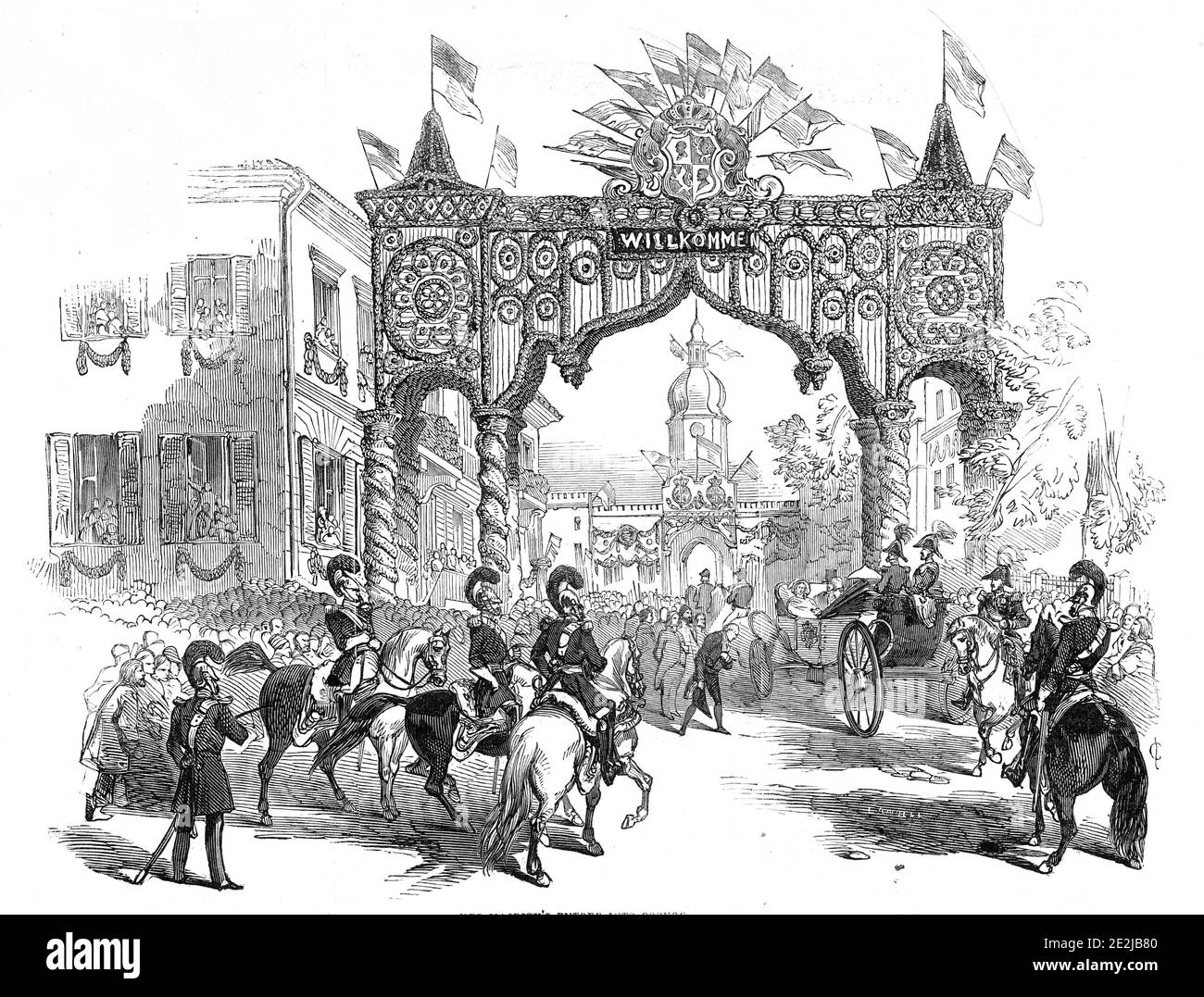 Ihre Majestät ENTR&#xe9;e in nach Coburg, 1845. Königlicher Besuch in Deutschland: Menschenmassen säumen die Straßen, während Königin Victoria und Prinz Albert unter einem Triumphbogen mit einem Schild mit der Aufschrift "Wilkommen" vorbeifahren. "Der Empfang war nicht so sehr ein staatliches Zeremoniell, als ein warmes und liebevolles Familientreffen; das gleiche Gefühl scheint die Bewohner des Ortes zu durchdringen; sie haben die Stadt in jedem Teil dekoriert; Aber es ist mit allen Emblemen der Heiterkeit und Festlichkeit, anstatt die von würde und Staat. Jedes Haus, jede Straße, ist mit Girlanden und Kränzen, mit überschwenglichem Geschmack ausgestattet; bei einigen Stockfoto