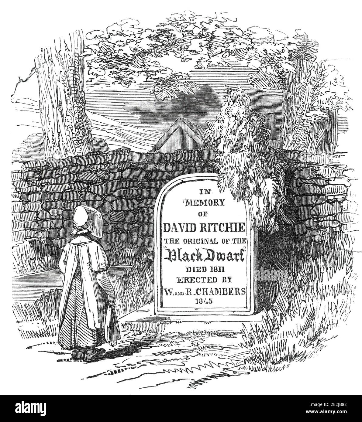 Grab des Schwarzen Zwergs, 1845. Der Grabstein von "...einem armen deformierten Wesen namens David Ritchie, der, wenn auch auf dem Anwesen des Menschen angekommen, war nur etwa drei Fuß fünf Zoll in der Höhe. Er war sehr deformiert und erhielt unter seinen Nachbarn den Spitznamen "Vergebeugt Davie". Als er starb, wurde festgestellt, dass er zwanzig Pfund gehorttet hat - wie ein schlauer Menschenfreund, wie er war. Sein Tod fand nach einigen Tagen Krankheit im Dezember 1811 im Alter von einundsiebzig Jahren statt. Er wurde in Manor Churchyard [in Peebleshire in the Scottish Borders] begraben; eine Eberesche (Bergasche) war plante Stockfoto
