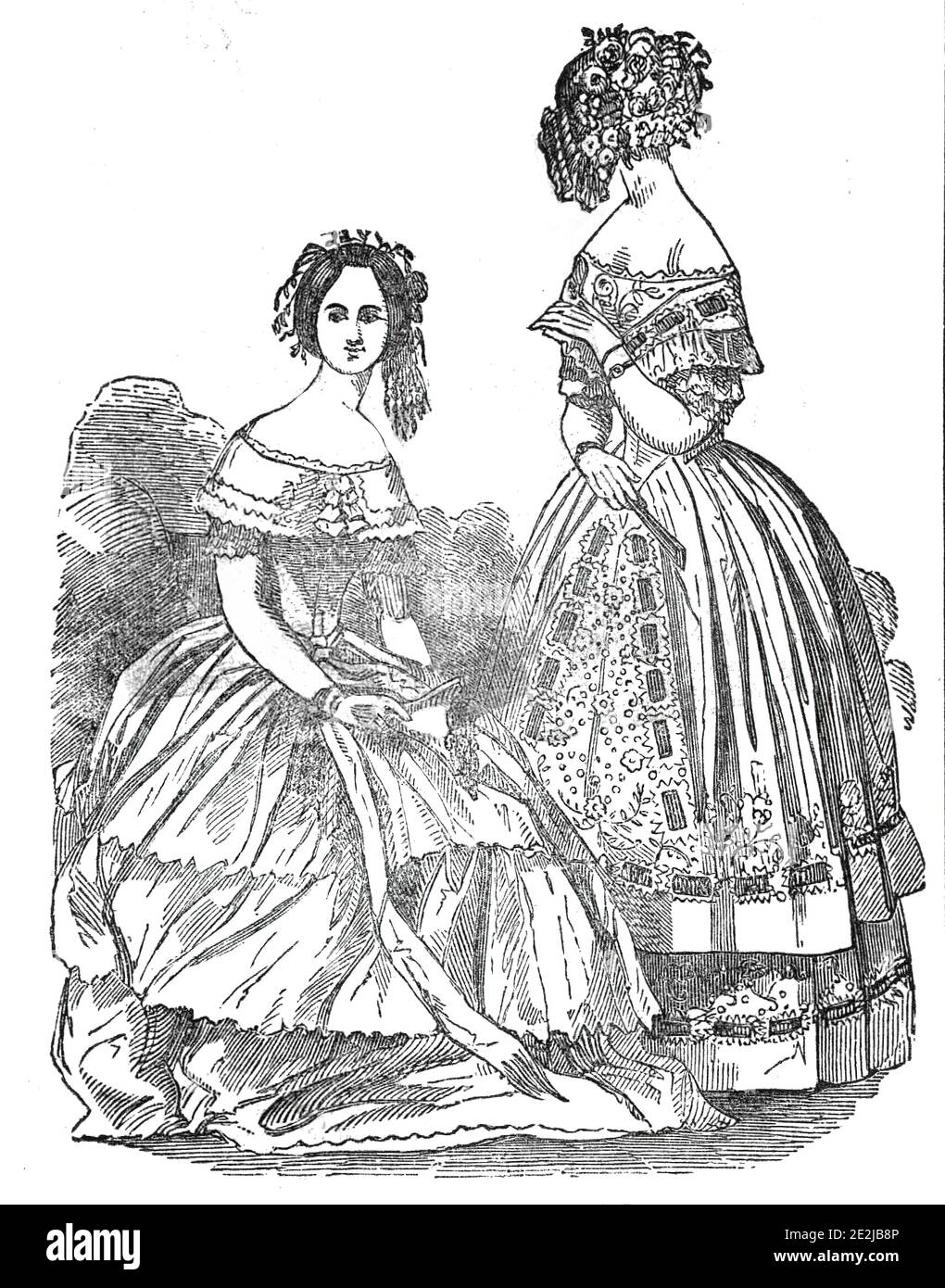 Mode für September 1845. 'Die Mützen werden oft aus besticktem Musselin hergestellt, mit Spitze beschnitten, und einfarbiges Sarcenet-Band von entweder Cerire, Blau, Japan Rose, Perserflieder oder Strohfarbe. Diese Kappen sind auf der Rückseite des Kopfes platziert; sind madi flach über der Stirn, und voll an den Ohren. Es gibt aber wenig Neues in Bezug auf Mantlets oder Schals für die Promenade: Sie sind oft aus weißem Kaschmir, mit einem farbigen Design". Aus "Illustrated London News", 1845, Vol VII. Stockfoto