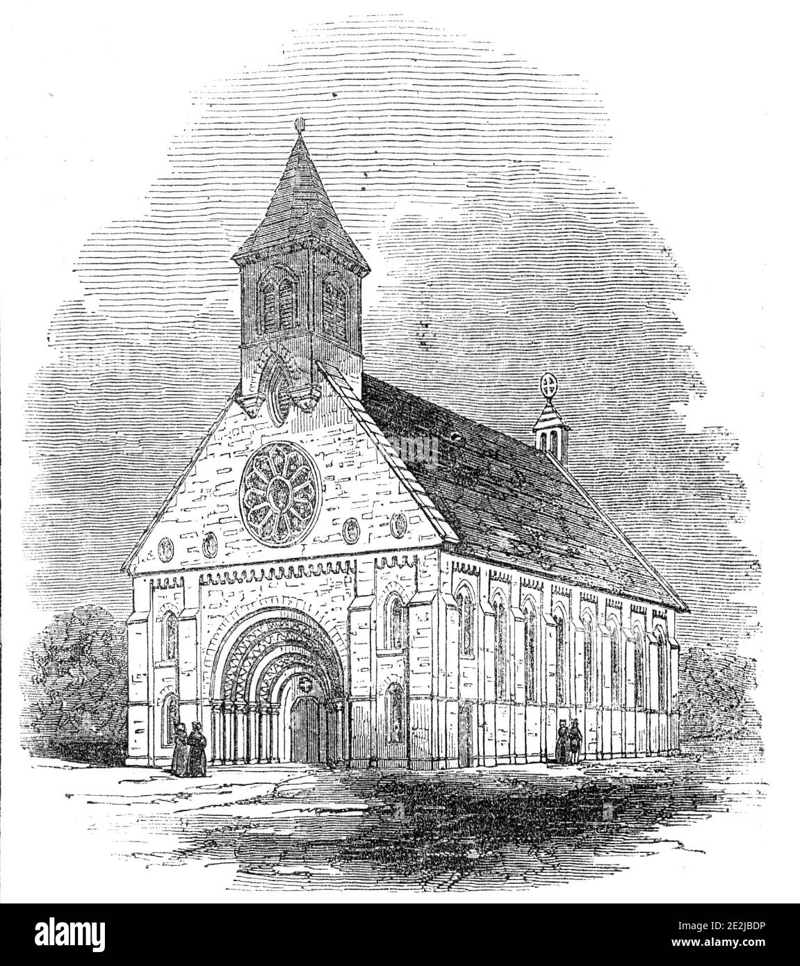 Hartshill Kirche, 1845. Holy Trinity Church in Hartshill in Warwickshire. "Diese Kirche, die von anglo-normannischen Charakter ist, mit einem schönen tief eingelassenen westlichen Tor, mit einem Rosenfenster oben und die Embleme der vier Evangelisten in Stein gemeißelt, wurde nach oben von zwei Jahren begonnen, nach einem Entwurf von T. L. Walker, Esq. Es wird hauptsächlich von Hartshill Stein gebaut, das Geschenk von Richard Jee, Esq., und ist für die Unterbringung von sechshundert Anbetern, einschließlich vierhundert freie Sitzungen angepasst...die ganze Menge des Abonnements hat jedoch in der Vollendung des externen BU ausgegeben worden Stockfoto