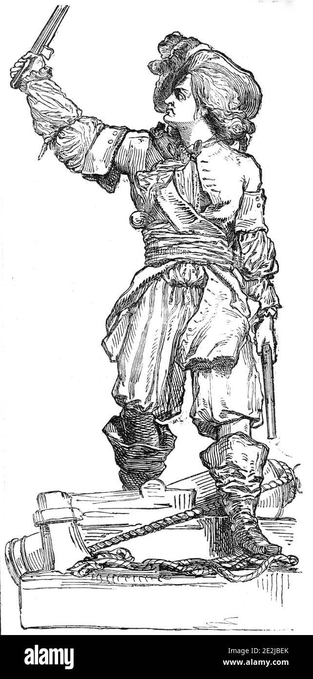 Statue von Jean Bart, in Dunkerque, 1845. Skulptur des flämischen Marinekommandanten und Freibeuters Jean Bart in Dünkirchen in Nordfrankreich. "Genau um zwölf, der Schleier aus der Statue dropt, und entdeckte den Helden, in der Tracht der Zeit von Louis XIV., ein Schwert in seiner rechten Hand, eine Pistole in seiner linken, und trug ein anderes in seinem Gürtel. Er soll sich mit dem Einsteigen in ein Schiff beschäftigen, da dies seine übliche und bevorzugte Art war, den Kampf zu führen, und die ihm so viel Erfolg sicherte: Es gelang ihm, über zweihundert holländische Kaufleute zu erobern und in Dunkerque hineinzutragen Stockfoto