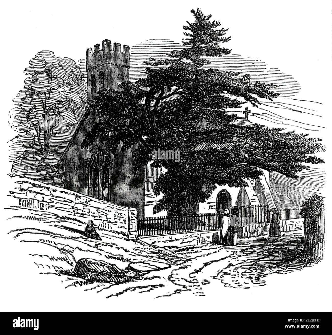Charlecombe Kirche, in der Nähe von Bath, 1845. Die Kirche der Heiligen Maria, in Charlcombe in Somerset, stammt aus dem 12. Jahrhundert. "Dieser alte christliche Tempel liegt in kurzer Entfernung von Bath und wird allgemein als "die Mutter der Bath Kirchen" bezeichnet. Es hat einen sehr niedrigen umkämpften quadratischen Turm, der über den Hauptgiebel ragt, und wird teilweise von unhöflichen Korbellen gestützt; auch die Strebepfeiler sind von sehr primitiver Form; es gibt einen kleinen, niedrigen Eingangstor. Die Kirche wird für sein Altertum viel besucht; und im Kirchhof ist eine antike Eibe, berichtet, zwölf hundert Jahr zu sein Stockfoto
