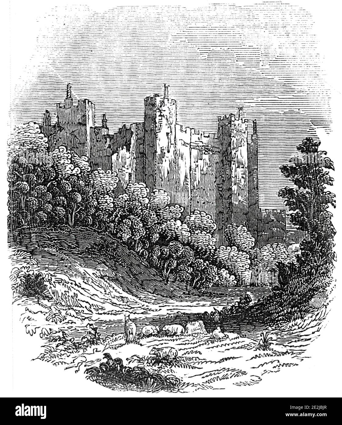 Framlingham Castle, 1845. Normannisches Schloss in Suffolk. "Diese malerische Ruine einer Festung des Mittelalters, steht auf der Nordseite der Stadt Framlingham, 18 Meilen nordöstlich von Ipswich. Die äußere Wand steht: Ihre Form ist unregelmäßig, nähert sich einem Kreis, und sie wird in Abständen von quadratischen Türmen, 13 in der Zahl verstärkt. Die Mauer ist 44 Meter hoch und 8 Meter dick; die Türme steigen auf eine Höhe von 58 Meter. Das Haupttor ist auf der Südseite, gegenüber der Stadt, und wird mit den Armen der Hauptfamilien, die das Schloß besessen haben, modelliert. Es gibt einige Überreste Stockfoto