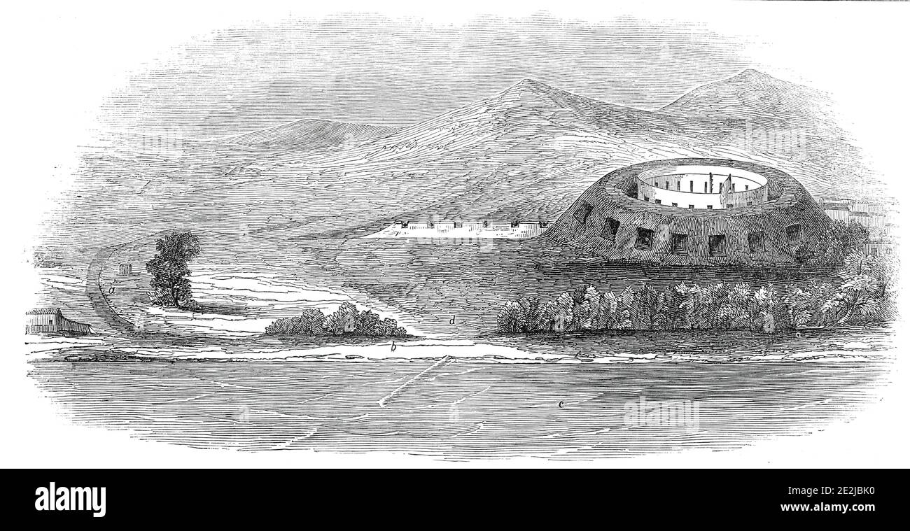 Fort in Tamatave, Madagaskar, die Szene des späten affray, 1845. "...ein kombinierter Angriff wurde auf Tamatave, einem Hafen von Madagaskar, von einem englischen und zwei französischen Schiffen durchgeführt...die Königin der Insel, Ranavaka Maujaka..hatte schon seit einiger Zeit einen höchst rücksichtslosen Kurs in Richtung der Missionare verfolgt; Und, in den Worten eines Korrespondenten der Times... hatte sich "amüsiert, indem sie die Köpfe aller eingeborenen Christen, die sie in der Lage gewesen war, die Hände zu legen - viele Tausende", verbrannt oder abschneidet. Hier sehen wir die Festung, '...from eine Skizze aus dem Mast-Kopf der Conway: A, die Stockfoto