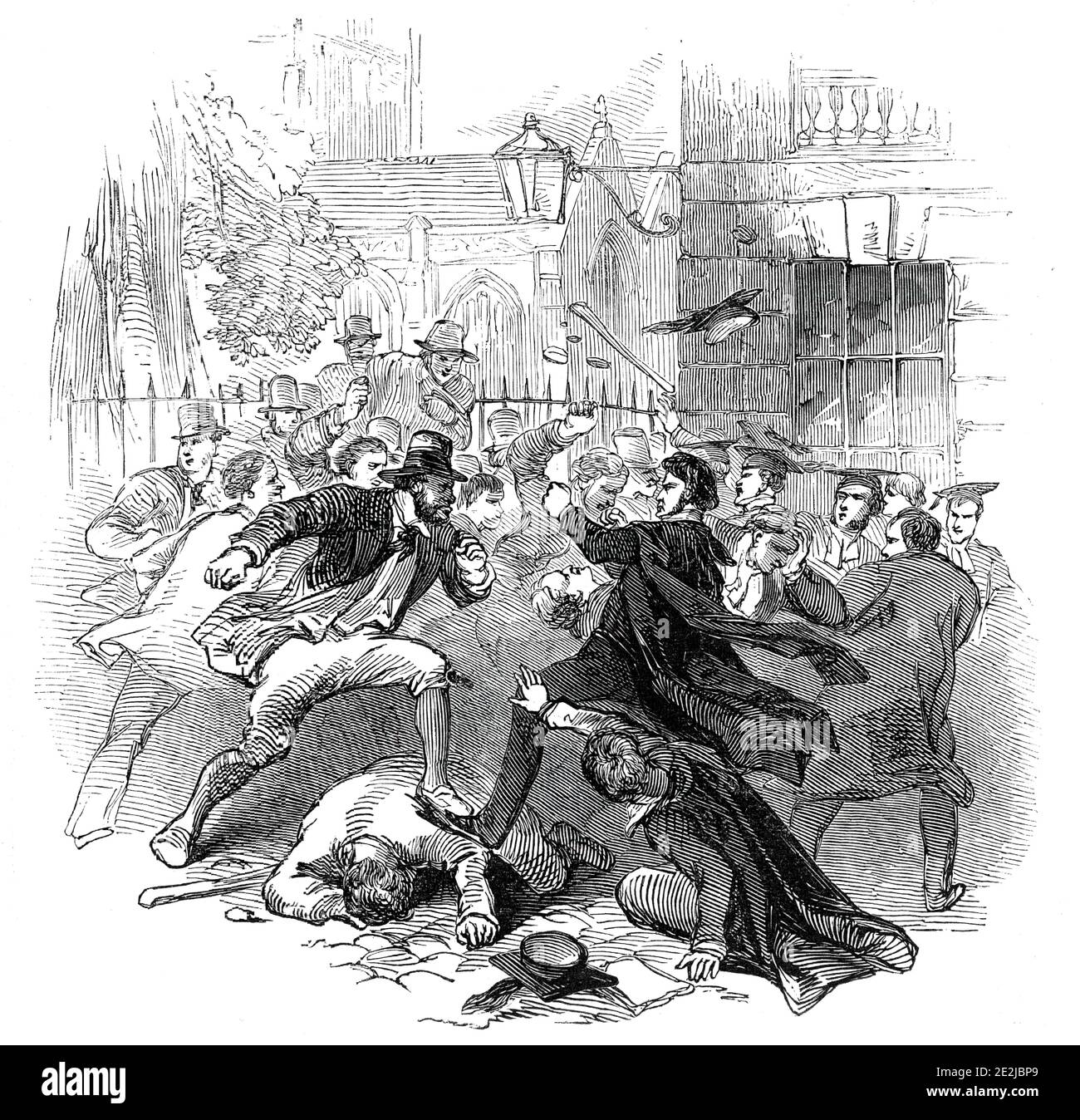 Kittel and Town Row, Oxford, 1845. Einheimische und Studenten kämpfen. 'Am Mittwochabend (Nov 5) eine Szene von viel Tumult ereignete sich in den normalerweise ruhigen Straßen von Oxford, verursacht durch das Aufstehen eines "Gown and Town Row". In alten Zeiten gab es große Feindseligkeit zwischen dem "Gown" und "Town" und schwere Ausfransen traten oft auf, Waffen wurden verwendet, und Historiker berichten, dass in diesen Ausfransen oft Leben geopfert wurden. Es gibt eine Tradition, dass in Brewer's-Lane ... die Dachrinnen lief mit Blut ... das Gesindel der "Stadt", und die "Gown",...cont Stockfoto