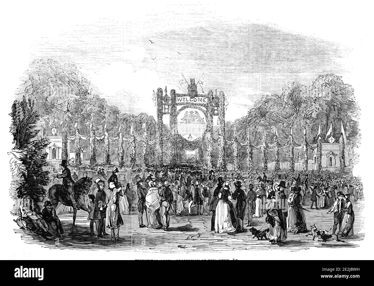 Große Feierlichkeiten im Harewood House: Triumphbogen - Prozession der Tenanterie usw., 1845. Feiern im Harewood House in der Nähe von Leeds. 'Die Ereignisse, die das Festival hervorbrachten, waren das Kommen des Alters und die Heirat von Lord Viscount Lascelles, dem ältesten Sohn des gegenwärtigen Grafen von Harewood... in der Mitte war ein großer Triumphbogen, gebildet von immergrünen und Blumen, in denen die Harewood Arme dargestellt wurden, Mit dem Wort "Willkommen", in den Blumen... wurde der Bogen mit Lorbeersäulen flankiert, von der Spitze von jedem, von denen fröhlich eine blaue, weiße oder rote seidene Fahne schwebte. Von oben Bogen A Stockfoto
