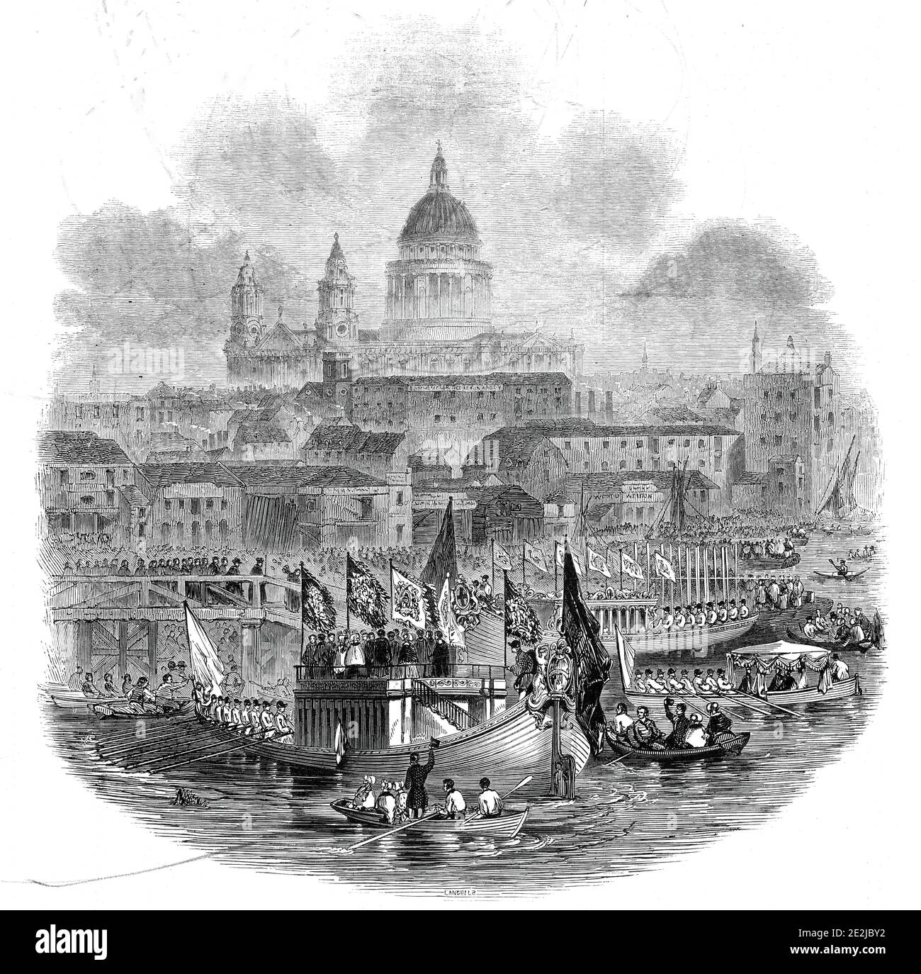 Der Oberbürgermeister nimmt Wasser am New Pier, Blackfriars Bridge, 1845. Jährliche Feier für die Einweihung eines neuen Oberbürgermeisters von London [Spektakelmacher John Johnson wurde 1845 gewählt], an der Themse. "Die Wirkung der Wasserprozession, wie man sie von der Blackfriars-Brücke aus gesehen hat, war in diesem Moment sehr gut; der Fluss, zusätzlich zu den staatlichen und städtischen Lastkähnen, wurde mit einer großen Anzahl von Booten bedeckt, von denen viele die Prozession zur Westminster-Brücke begleiteten". Aus "Illustrated London News", 1845, Vol VII. Stockfoto