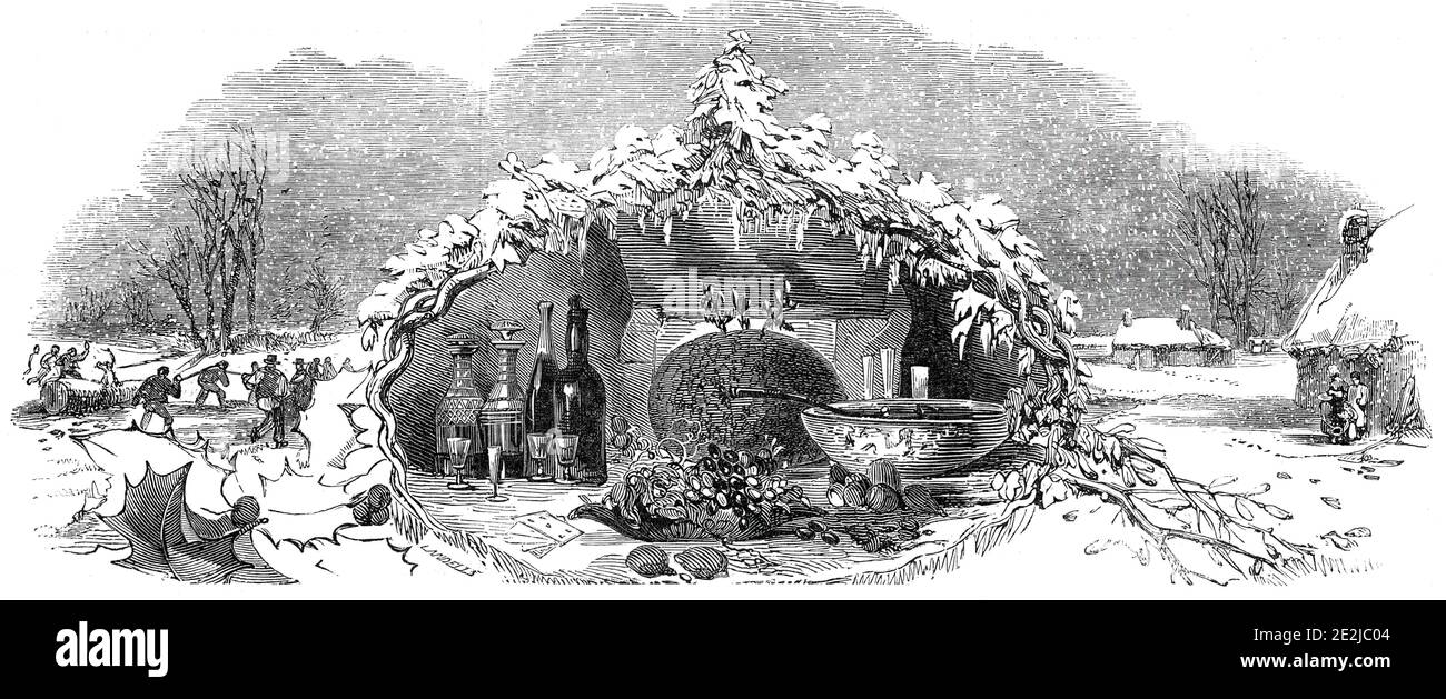 An English Christmas Home!, 1845. Ein Pflaumenpudding, eine Schüssel Punsch, Flaschen, Gläser, Obst und Spielkarten in einer dekorativen Kartusche. Illustration zu Noten: 'Song und Chor von Eliza Cook. Musik von Vincent Wallace, Komponist der Oper "Maritana". Aus "Illustrated London News", 1845, Vol VII. Stockfoto