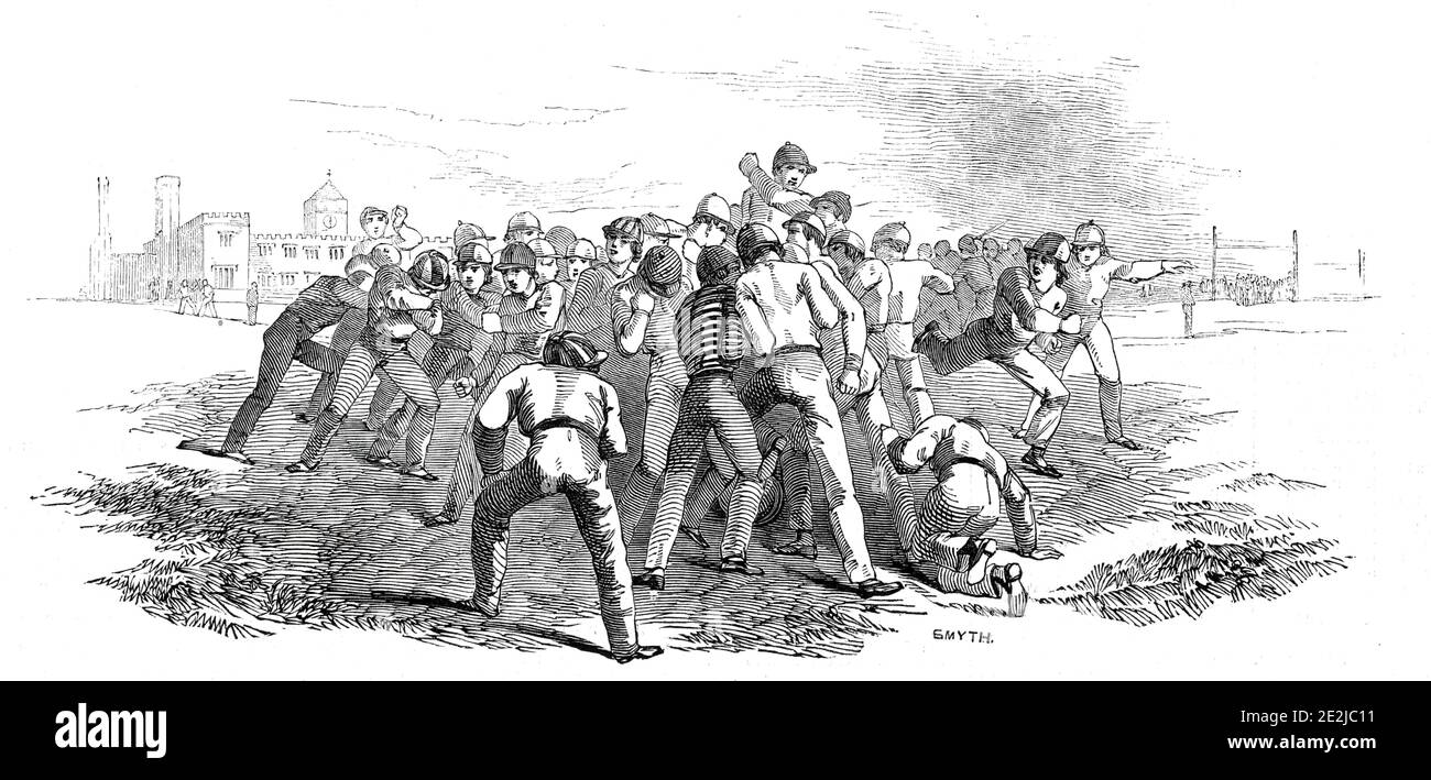 Fußball beim Rugby, 1845. Schuljungen spielen Rugby-Fußball an der  öffentlichen Schule, wo das Spiel erfunden wurde in etwa 1845, obwohl  Formen des Fußballs, in denen der Ball getragen wurde und geworfen stammen