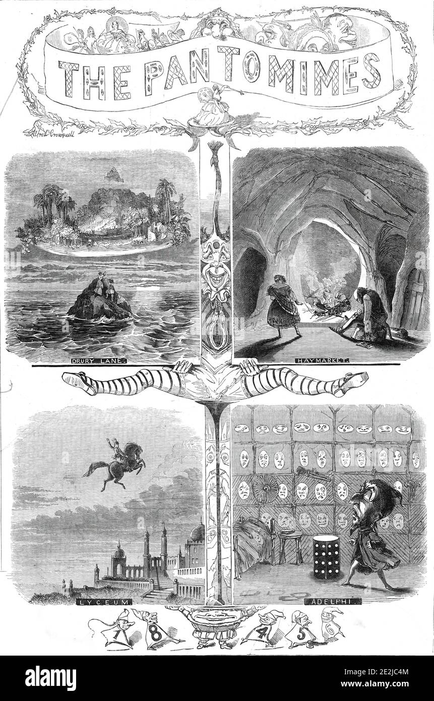 Die Pantomimen, 1845. Weihnachtliche Bühnenshows in Londoner Theatern. Drury Lane: 'Die Abenteuer von Mr. Lemuel Gulliver bilden das Thema für die Weihnachtsunterhaltung in diesem Haus, aus der populären Chronik von Mr. Morton'. Haymarket: 'MR Planch é...hat "die Biene und die Orangenblume" für die Weihnachts-Extravaganz ausgewählt. Lyceum: Die Geschichte von Prinz Firouz, Schah von Persien, und sein fliegendes Ross, von den "Arabian Nights' Entertainments," hat die Herren A. Smith und Kenney mit dem Grundwerk ihrer neuen Burlesque an diesem Haus,,,,' versehen. Adelphi: „“ Harle Stockfoto