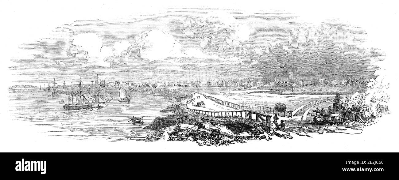 Kalkutta - Ankunft des neuen Generalgouverneurs, 1844. "Der Blick hier von Kalkutta ist aus dem Wasser-Tor von Fort William genommen, und zeigt das Gesicht der Stadt, so wie es den Besucher zum ersten Mal, auf dem Schiff rund um eine Reichweite in der Nähe der Festung. In unserer Gravur hat der Dampfer, mit Sir H. Hardinge an Bord, am 23. Juli letzten, gerade die Reichweite achteraus verlassen. Das gewölbte Gebäude in der Mitte der Stadt ist das Regierungsgebäude, und die Spalte auf der äußersten rechten Seite des Zuschauers, hinter den Wällen, ist die Ochterlony Säule - so genannt von seinem, das gebaut wurde, um zu comme Stockfoto