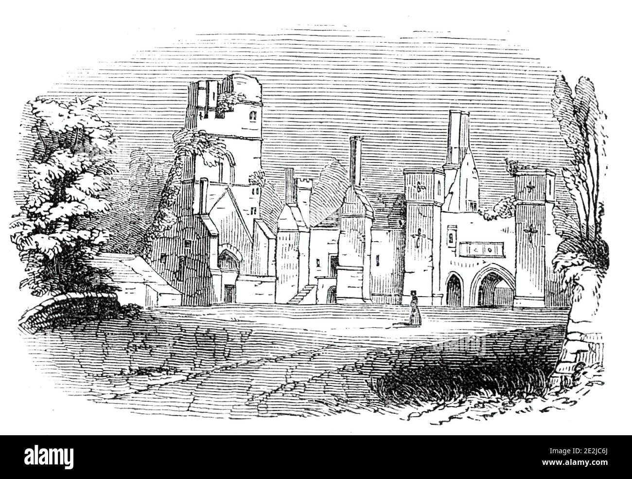 South Winfield Herrenhaus, 1844. Blick auf Wingfield Manor bei South Wingfield in Derbyshire. Das Haus, das auf das Jahr 1441 zurückgeht, fiel im 18. Jahrhundert in Ruine. 'Dieser einst fürstliche Pfahl...wurde in der Regierungszeit von Heinrich VI. Erbaut...das Herrenhaus liegt wunderschön auf einer beherrschenden Eminenz, die aus tiefen Tälern emporsteigt, wieder auf jeder Seite mit reich bewaldeten Hügeln umgeben; Seine hohen grauen Türme und zechtezementierten Türmchen, mit Efeu gemantet, erhebt sich stolz über den edlen Eichen und Walnüssen, in denen es geprägt ist. Das Herrenhaus ist ziemlich zerlegt, und vieles davon zerstört..'. Aus „Illustrated Stockfoto