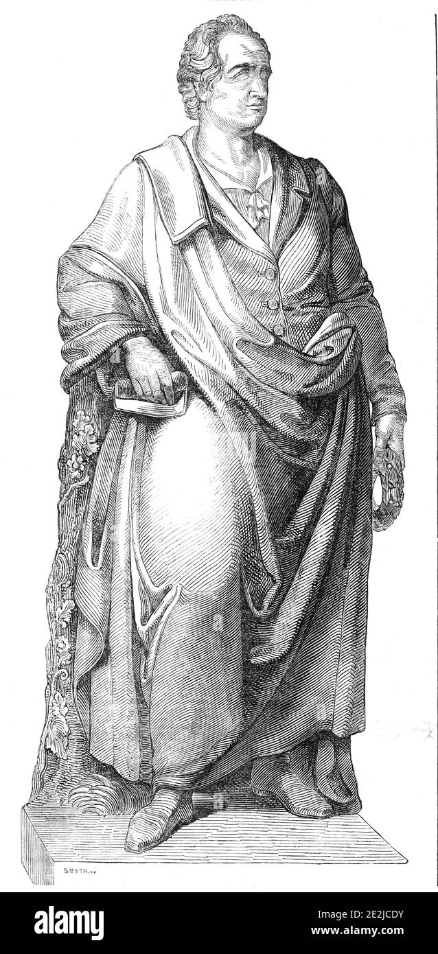 Goethe-Statue, Frankfort, 1844. 'Diese schöne kolossale Statue des [deutschen Schriftstellers Johann Wolfgang von] Goethe, die in der Königlichen Gießerei von München nach dem Vorbild von [Ludwig von] Schwanthaler in Bronze gegossen wurde, wurde mit großer Zeremonie eingeweiht... in Frankfurt am Main, dem Geburtsort des berühmten Dichters... Goethe ist in einem Mantel verkleidet dargestellt, hat aber die Hände frei.&#xa0; Er trägt das einfache Kostüm der heutigen Zeit. Sein rechter Arm ruht auf dem Stamm eines alten Baumes,&#xa0;und in seinem linken hält er eine Lorbeerkrone. Seine Augen sind zum Himmel gerichtet." Von „Ill Stockfoto