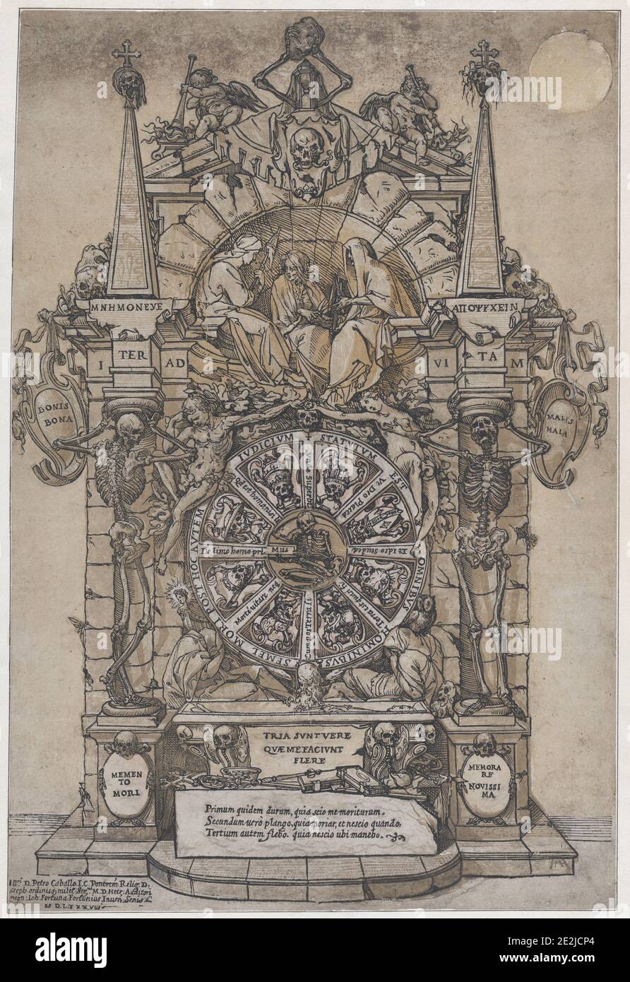 Triumph des Todes mit drei Schicksalen in einem architektonischen Rahmen über einem Glücksrad, flankiert von Skeletten; ein Schädel und ein Stundenglas oben und mit Rad, das in der Mitte drehen soll, 1588. Stockfoto