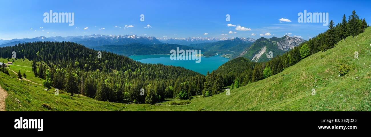 Beeindruckende Aussicht vom Jochberg Gipfel auf Walchensee und den bayrischen Alpen Stockfoto