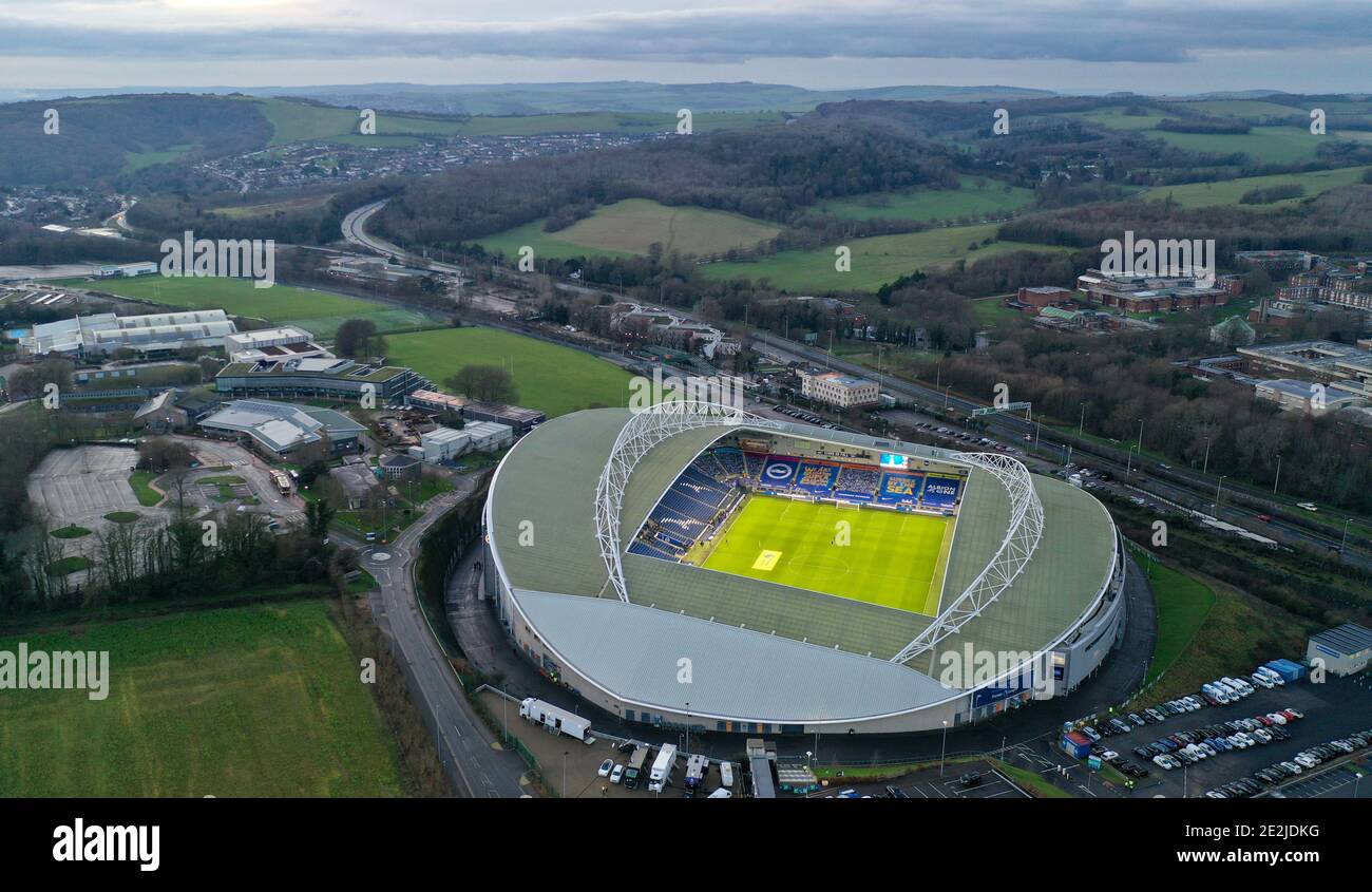 Eine Luftaufnahme des American Express Community Stadions der Home Stadion von Brighton & Hove Albion Copyright 2020 © Sam Bagnall Stockfoto