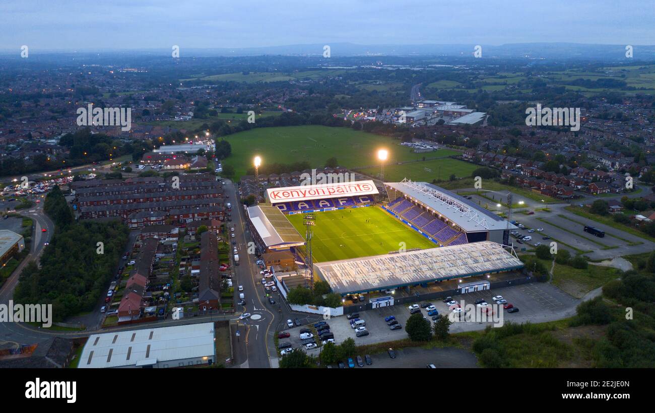 Eine Luftaufnahme von Boundary Park das Heimstadion von Oldham Athletic Copyright 2020 © Sam Bagnall Stockfoto