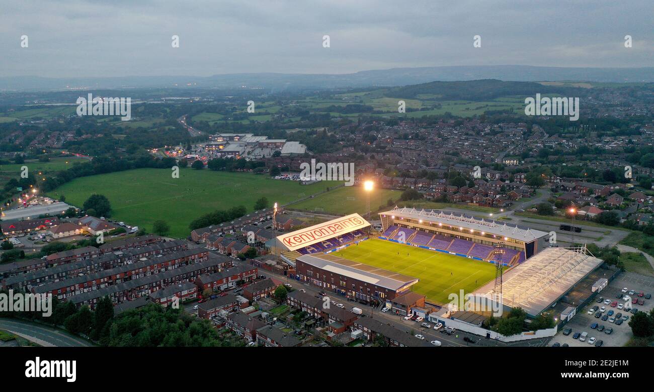 Eine Luftaufnahme von Boundary Park das Heimstadion von Oldham Athletic Copyright 2020 © Sam Bagnall Stockfoto