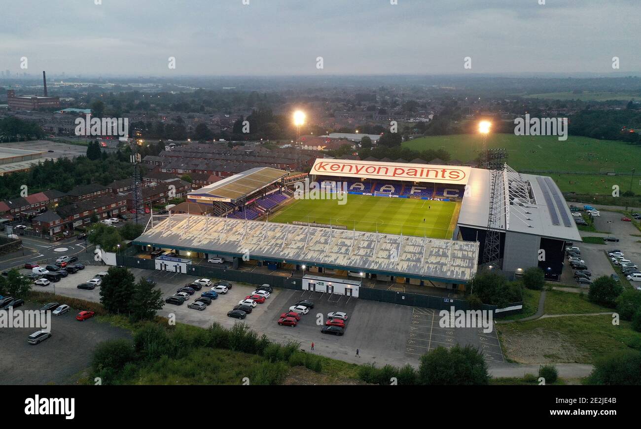 Eine Luftaufnahme von Boundary Park das Heimstadion von Oldham Athletic Copyright 2020 © Sam Bagnall Stockfoto