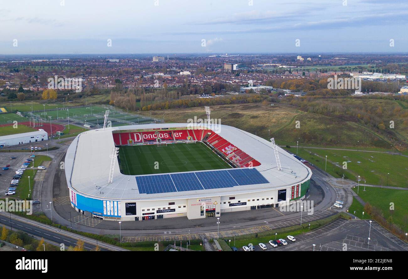 Eine Luftaufnahme des Keepmoat-Stadions, der Heimat des Doncaster Rovers Football Club Copyright 2020 © Sam Bagnall Stockfoto