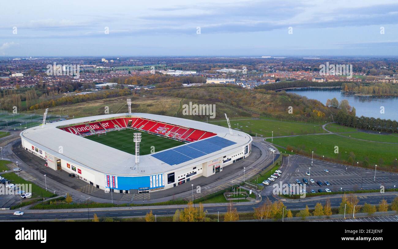 Eine Luftaufnahme des Keepmoat-Stadions, der Heimat des Doncaster Rovers Football Club Copyright 2020 © Sam Bagnall Stockfoto