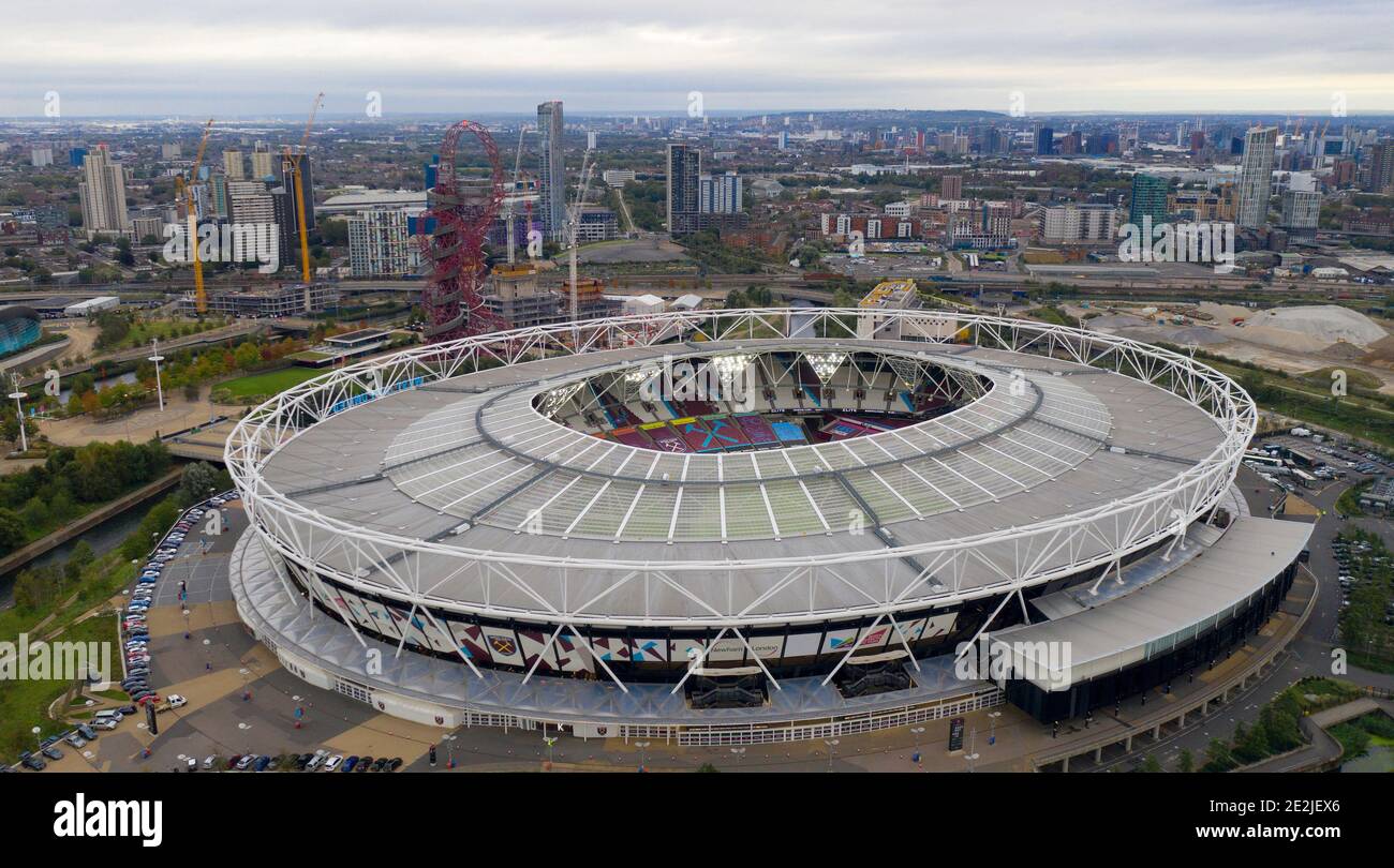 Eine Luftaufnahme des London Stadions, Heimstadion von West Ham United Copyright 2020 © Sam Bagnall Stockfoto