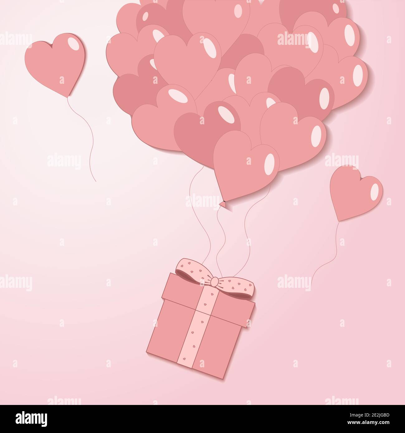 Valentines Hearts Ballon mit Geschenkbox Postkarte auf hellrosa Hintergrund. Liebe und Urlaub Symbole in Form von Herzen für Happy Women's, Mother's, Vale Stock Vektor