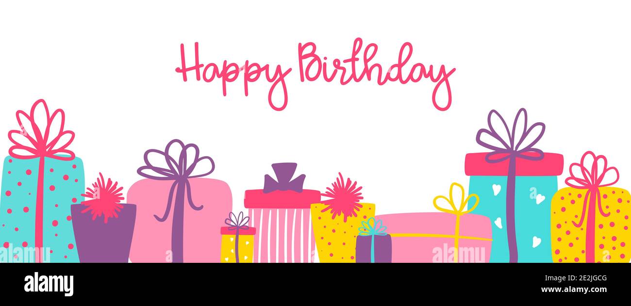Happy Birthday langes Banner mit niedlichen handgezeichneten Geschenkboxen. Vektor-Grußkarte für Print oder Social Media Stock Vektor