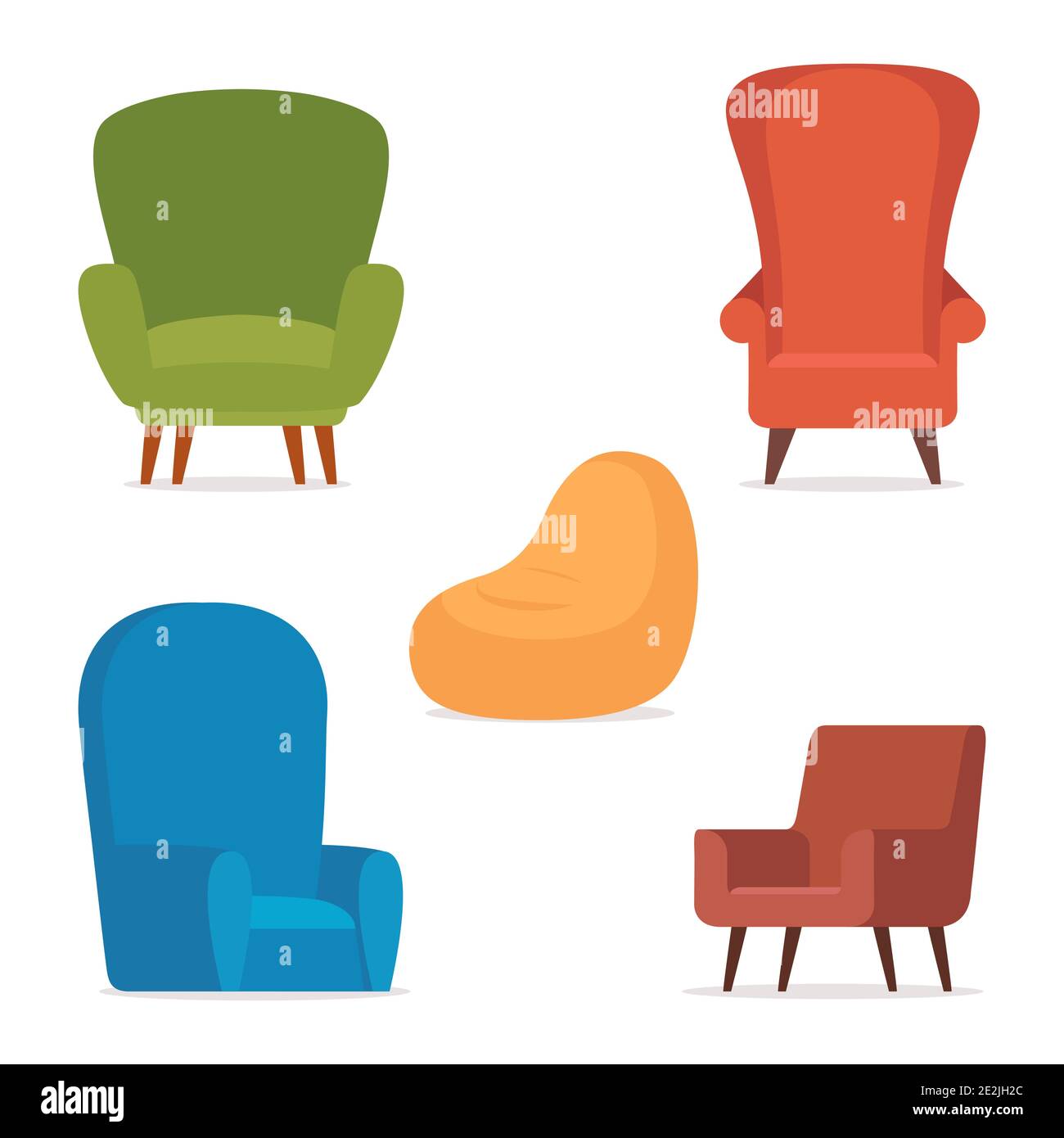 Komfortable Retro-Sessel und moderne Sessel. Sammlung von stilvollen gemütlichen Möbeln. Set von trendigen Stühlen, einfache modische Möbel Elemente. Vektorgrafik Stock Vektor