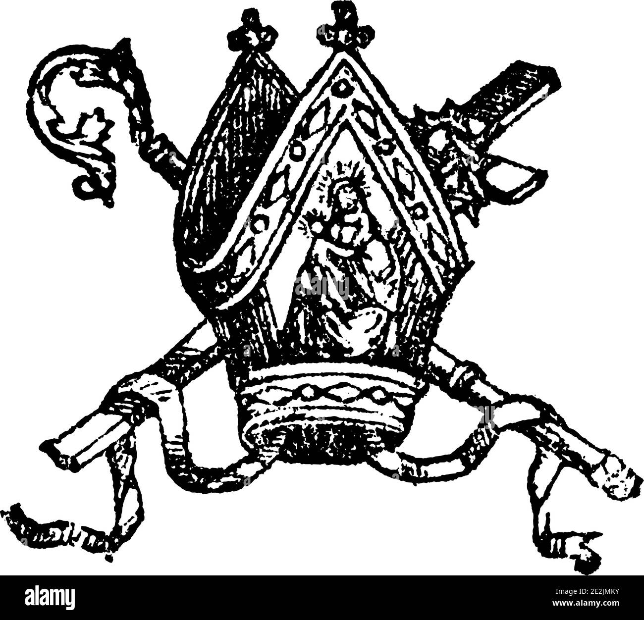 Bischof Mitra oder Mitra, Kreuz und pastorale Mitarbeiter crosier oder crozier. Antike Vintage religiöse Gravur oder Zeichnung Illustration. Stock Vektor