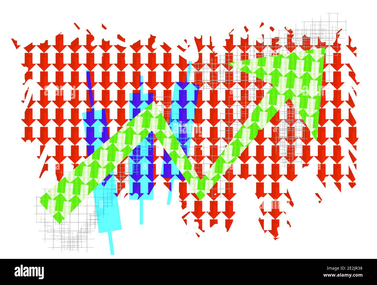 Pfeile, Balken, Diagramm des Wirtschaftswachstums vor dem Hintergrund fallender Aktienindizes in der abstrakten Länderkarte. Moderne eps10 Vektorgrafik t Stock Vektor